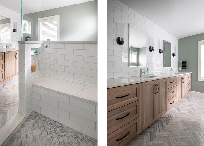 First floor primary bath with herringbone tile